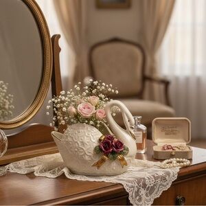 Vintage Diamond Collection Swan Vase International Bazaar Ceramic Rose Gold Trim